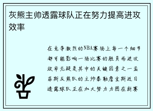 灰熊主帅透露球队正在努力提高进攻效率
